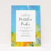 A baptism invitation named "Up-close and Sunny". It is an A5 invite card in a portrait orientation. "Up-close and Sunny" is available as a flat invite card, with tones of blue, yellow and orange.