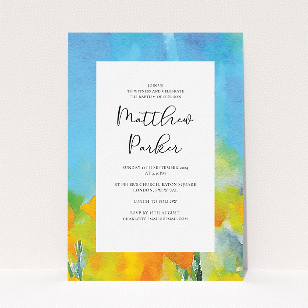 A baptism invitation named "Up-close and Sunny". It is an A5 invite card in a portrait orientation. "Up-close and Sunny" is available as a flat invite card, with tones of blue, yellow and orange.