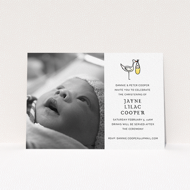 A baptism invitation called "Watercolour Stork". It is an A6 invite card in a landscape orientation. It is a photographic baptism invitation with room for 1 photo. "Watercolour Stork" is available as a flat invite card, with tones of white and yellow.