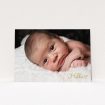 A baptism invitation design called "We say hello". It is an A5 invite card in a landscape orientation. It is a photographic baptism invitation with room for 1 photo. "We say hello" is available as a flat invite card, with mainly gold colouring.