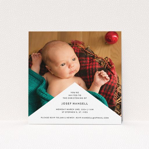 Baptism Invitation Design - "Wedge Frame" A baptism invitation design named "Wedge Frame". It is a square (148mm x 148mm) invite card in a square orientation. It is a photographic baptism invitation with room for 1 photo. "Wedge Frame" is available as a flat invite card, with mainly white colouring.