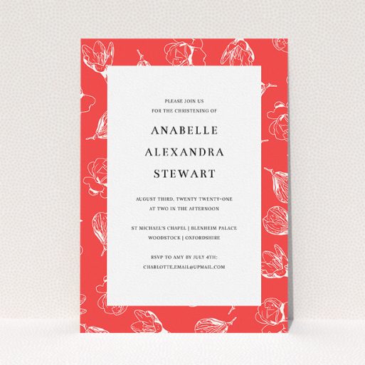 Baptism Invitation Design - "White Buds" A baptism invitation called "White Buds". It is an A5 invite card in a portrait orientation. "White Buds" is available as a flat invite card, with tones of red and white.
