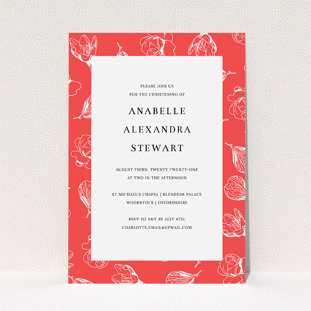 A baptism invitation called "White Buds". It is an A5 invite card in a portrait orientation. "White Buds" is available as a flat invite card, with tones of red and white.