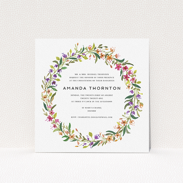 A baptism invitation design titled "Wild Spring Wreath". It is a square (148mm x 148mm) invite card in a square orientation. "Wild Spring Wreath" is available as a flat invite card, with tones of light green and orange.