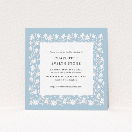Baptism Invitation Design - "Winter Garden" A baptism invitation template titled "Winter Garden". It is a square (148mm x 148mm) invite card in a square orientation. "Winter Garden" is available as a flat invite card, with tones of blue and white.