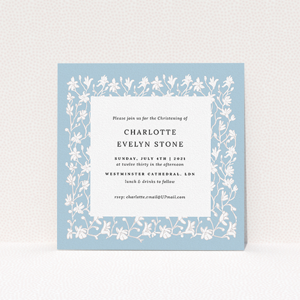 A baptism invitation template titled "Winter Garden". It is a square (148mm x 148mm) invite card in a square orientation. "Winter Garden" is available as a flat invite card, with tones of blue and white.