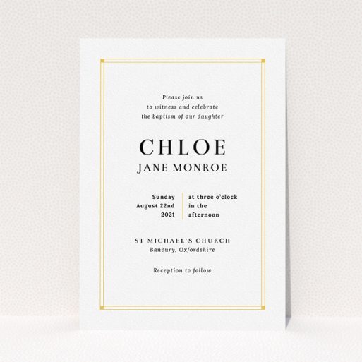 Baptism Invitation Design - "Yellow Square Border" A baptism invitation design named "Yellow Square Border". It is an A5 invite card in a portrait orientation. "Yellow Square Border" is available as a flat invite card, with tones of yellow and white.