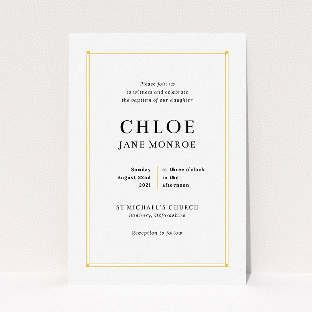 A baptism invitation design named "Yellow Square Border". It is an A5 invite card in a portrait orientation. "Yellow Square Border" is available as a flat invite card, with tones of yellow and white.
