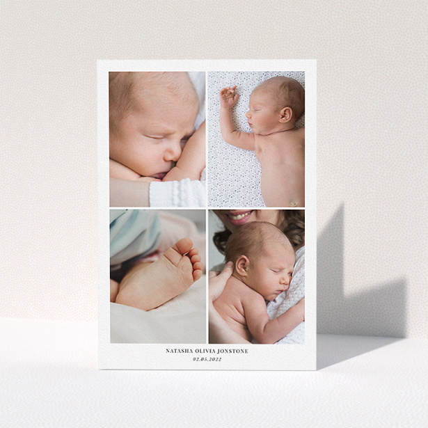 A baptism thank you card design titled "4 Photo Frame". It is an A5 card in a portrait orientation. It is a photographic baptism thank you card with room for 4 photos. "4 Photo Frame" is available as a folded card, with mainly white colouring.