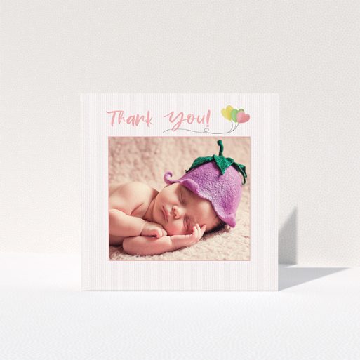 Christening Thank You Card - Balloooons (Baby Girl) A baptism thank you card template titled "Balloooons". It is a square (148mm x 148mm) card in a square orientation. It is a photographic baptism thank you card with room for 1 photo. "Balloooons" is available as a folded card, with tones of pink, green and yellow.