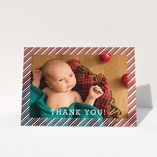 Baptism Thank You Card Design - "Blue, Red and White Slant" A baptism thank you card named "Blue, Red and White Slant". It is an A6 card in a landscape orientation. It is a photographic baptism thank you card with room for 1 photo. "Blue, Red and White Slant" is available as a folded card, with mainly white colouring.