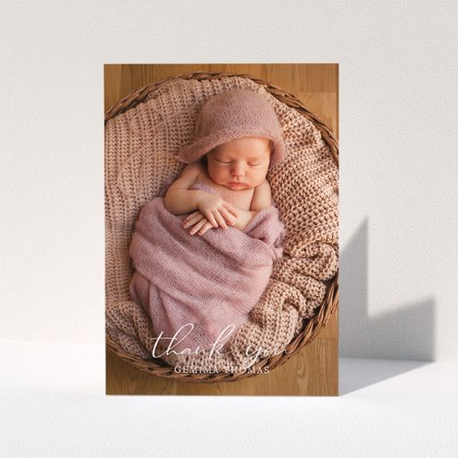 Baptism Thank You Card Design - "Classic Thank You" A baptism thank you card template titled "Classic Thank You". It is an A5 card in a portrait orientation. It is a photographic baptism thank you card with room for 1 photo. "Classic Thank You" is available as a folded card, with mainly white colouring.