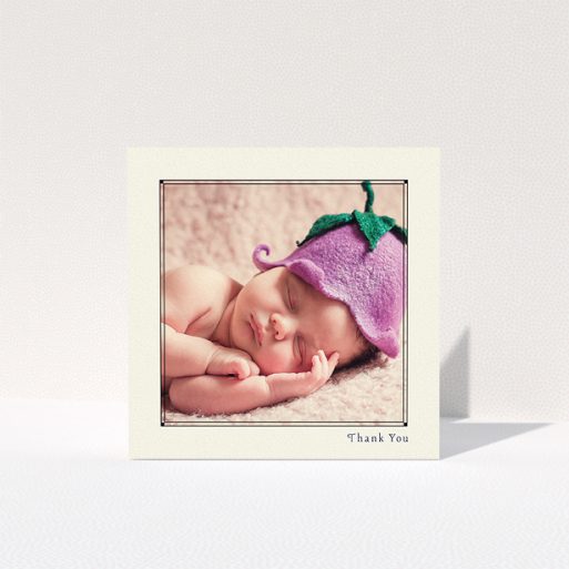 Baptism Thank You Card Design - "Cream Deco" A baptism thank you card named "Cream Deco". It is a square (148mm x 148mm) card in a square orientation. It is a photographic baptism thank you card with room for 1 photo. "Cream Deco" is available as a folded card, with mainly cream colouring.