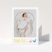 A baptism thank you card called "Family of Ducks". It is an A6 card in a portrait orientation. It is a photographic baptism thank you card with room for 1 photo. "Family of Ducks" is available as a folded card, with tones of yellow, blue and pink.