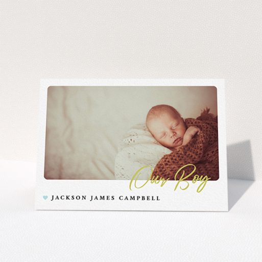 Christening Thank You Card - Gold Stamp (Baby Boy) A baptism thank you card named "Gold Stamp". It is an A6 card in a landscape orientation. It is a photographic baptism thank you card with room for 1 photo. "Gold Stamp" is available as a folded card, with tones of white and blue.