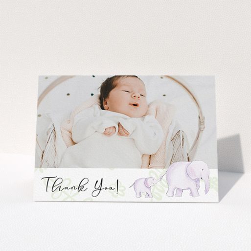 Baptism Thank You Card Design - "Gotcha by the Tail" A baptism thank you card called "Gotcha by the Tail". It is an A6 card in a landscape orientation. It is a photographic baptism thank you card with room for 1 photo. "Gotcha by the Tail" is available as a folded card, with tones of purple and green.
