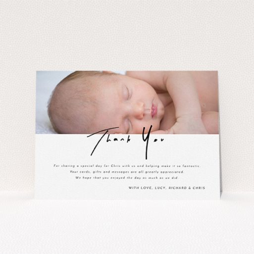 Baptism Thank You Card Design - "Half and Half" A baptism thank you card named "Half and Half". It is an A5 card in a landscape orientation. It is a photographic baptism thank you card with room for 1 photo. "Half and Half" is available as a flat card, with mainly white colouring.