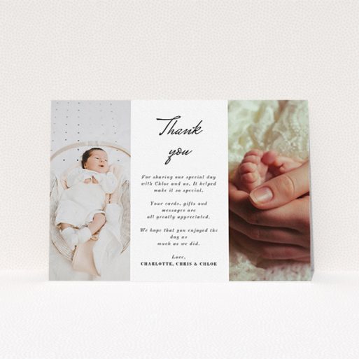 Baptism Thank You Card Design - "Landscape Sandwich Frame" A baptism thank you card design called "Landscape Sandwich Frame". It is an A5 card in a landscape orientation. It is a photographic baptism thank you card with room for 2 photos. "Landscape Sandwich Frame" is available as a flat card, with mainly white colouring.