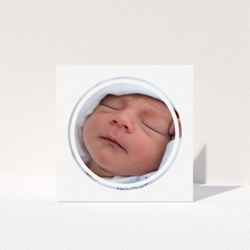 Baptism Thank You Card Design - "Modern Circle Frame" A baptism thank you card design called "Modern Circle Frame". It is a square (148mm x 148mm) card in a square orientation. It is a photographic baptism thank you card with room for 1 photo. "Modern Circle Frame" is available as a folded card, with mainly white colouring.