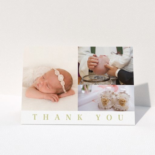 Baptism Thank You Card Design - "One and Two Half Frames" A baptism thank you card design titled "One and Two Half Frames". It is an A5 card in a landscape orientation. It is a photographic baptism thank you card with room for 3 photos. "One and Two Half Frames" is available as a folded card, with tones of white and gold.