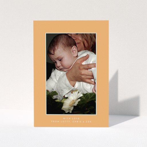 Baptism Thank You Card Design - "Orange and Mint" A baptism thank you card called "Orange and Mint". It is an A5 card in a portrait orientation. It is a photographic baptism thank you card with room for 1 photo. "Orange and Mint" is available as a folded card, with tones of orange and blue.