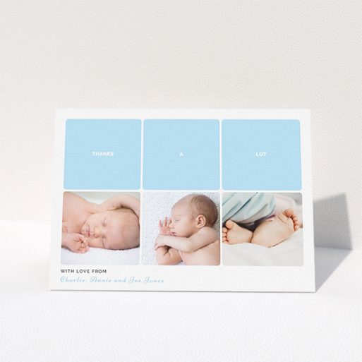Christening Thank You Card - Our Little One (Baby Boy) A baptism thank you card design called "Our Little One". It is an A5 card in a landscape orientation. It is a photographic baptism thank you card with room for 3 photos. "Our Little One" is available as a folded card, with tones of blue and white.