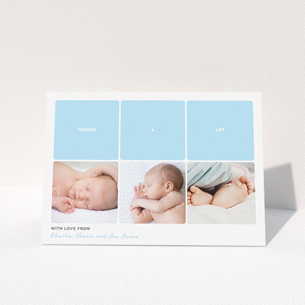 A baptism thank you card design called "Our Little One". It is an A5 card in a landscape orientation. It is a photographic baptism thank you card with room for 3 photos. "Our Little One" is available as a folded card, with tones of blue and white.