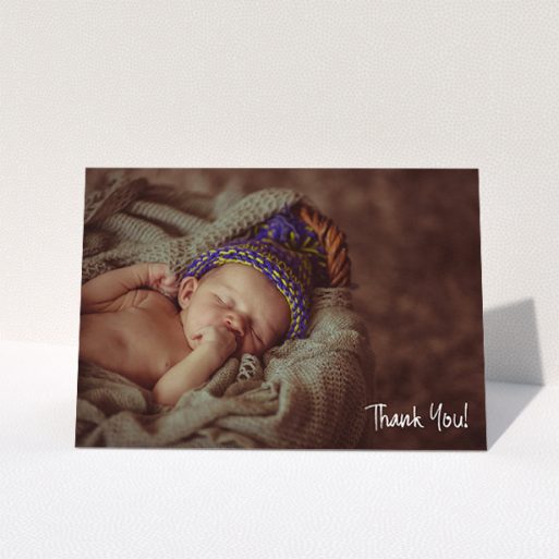 Baptism Thank You Card Design - "Rough but Simple Photo" A baptism thank you card design titled "Rough but Simple Photo". It is an A5 card in a landscape orientation. It is a photographic baptism thank you card with room for 1 photo. "Rough but Simple Photo" is available as a folded card, with mainly white colouring.