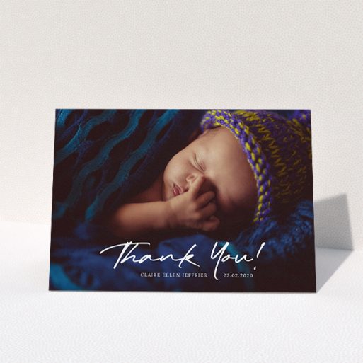 Baptism Thank You Card Design - "Simple Appreciation" A baptism thank you card called "Simple Appreciation". It is an A5 card in a landscape orientation. It is a photographic baptism thank you card with room for 1 photo. "Simple Appreciation" is available as a folded card, with mainly white colouring.