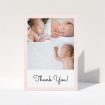 A baptism thank you card called "Thank You!". It is an A6 card in a portrait orientation. It is a photographic baptism thank you card with room for 3 photos. "Thank You!" is available as a folded card, with tones of pink and white.