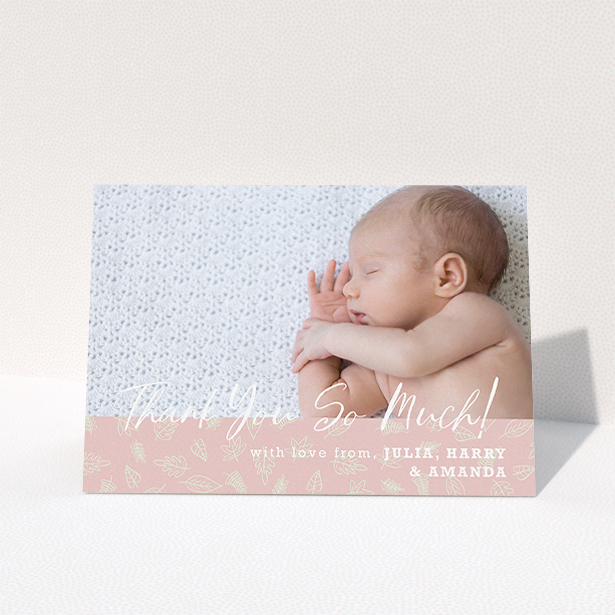 A baptism thank you card template titled "Thank You So Much". It is an A5 card in a landscape orientation. It is a photographic baptism thank you card with room for 1 photo. "Thank You So Much" is available as a folded card, with tones of pink and white.