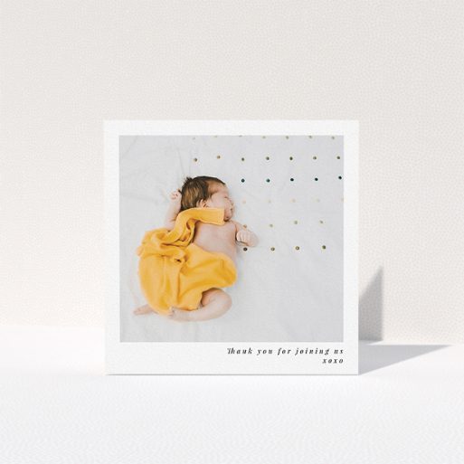 Baptism Thank You Card Design - "Thanks for coming" A baptism thank you card called "Thanks for coming". It is a square (148mm x 148mm) card in a square orientation. It is a photographic baptism thank you card with room for 1 photo. "Thanks for coming" is available as a folded card, with mainly white colouring.