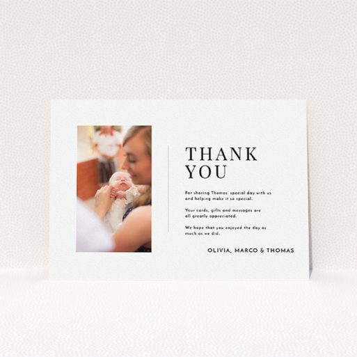 Baptism Thank You Card Design - "Tiny Portrait" A baptism thank you card template titled "Tiny Portrait". It is an A5 card in a landscape orientation. It is a photographic baptism thank you card with room for 1 photo. "Tiny Portrait" is available as a flat card, with mainly white colouring.