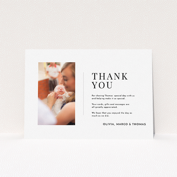 A baptism thank you card template titled "Tiny Portrait". It is an A5 card in a landscape orientation. It is a photographic baptism thank you card with room for 1 photo. "Tiny Portrait" is available as a flat card, with mainly white colouring.