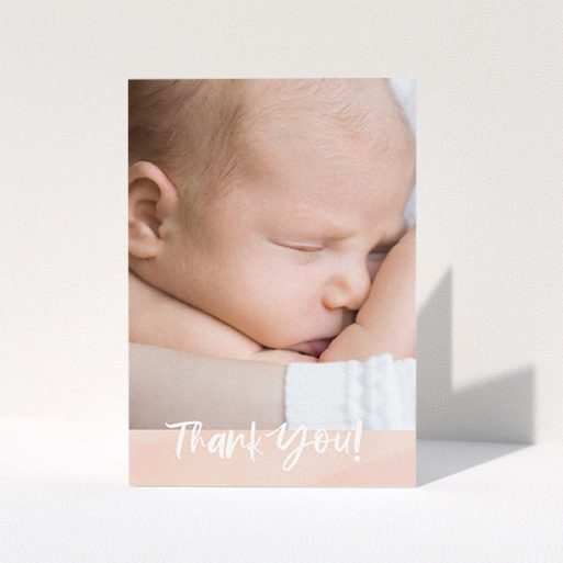 Christening Thank You Card - Watercolour Thanks (Baby Girl) A baptism thank you card template titled "Watercolour Thanks". It is an A6 card in a portrait orientation. It is a photographic baptism thank you card with room for 1 photo. "Watercolour Thanks" is available as a folded card, with tones of pink and white.