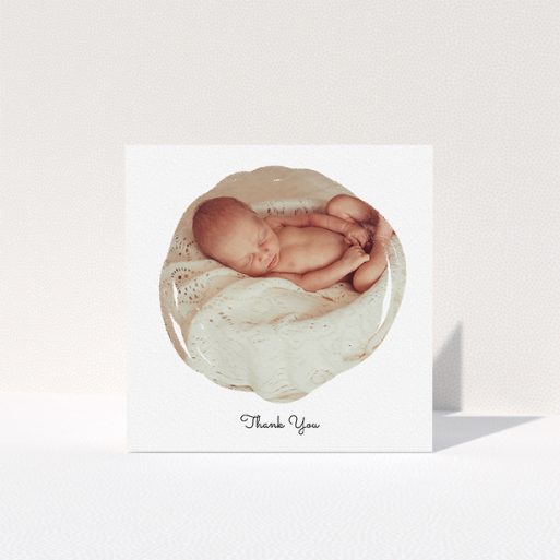 Baptism Thank You Card Design - "Wiped Banner" A baptism thank you card called "Wiped Banner". It is a square (148mm x 148mm) card in a square orientation. It is a photographic baptism thank you card with room for 1 photo. "Wiped Banner" is available as a folded card, with mainly white colouring.