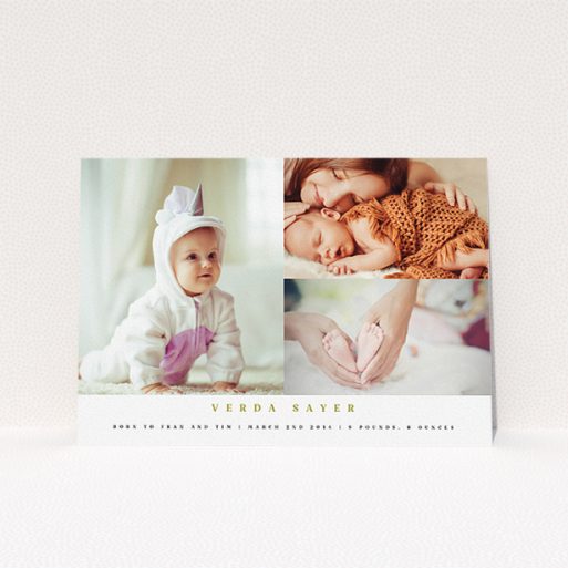 Birth Announcement Card Design - "1 big, 2 small" A birth announcement card named "1 big, 2 small". It is an A5 card in a landscape orientation. It is a photographic birth announcement card with room for 3 photos. "1 big, 2 small" is available as a flat card, with mainly white colouring.