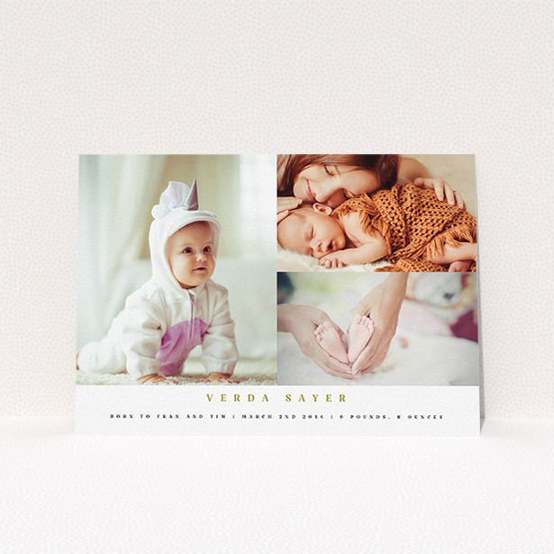 A birth announcement card named "1 big, 2 small". It is an A5 card in a landscape orientation. It is a photographic birth announcement card with room for 3 photos. "1 big, 2 small" is available as a flat card, with mainly white colouring.