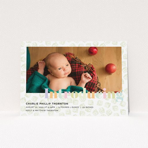 Baby Birth Announcement Card - Alphabet Blocks (Orange) A birth announcement card called "Alphabet Blocks". It is an A5 card in a landscape orientation. It is a photographic birth announcement card with room for 1 photo. "Alphabet Blocks" is available as a flat card, with tones of green and purple.