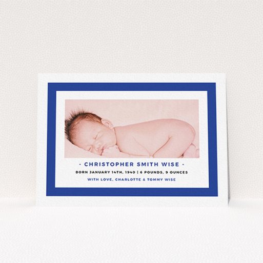 Birth Announcement Card Design - "Big Blue" A birth announcement card called "Big Blue". It is an A6 card in a landscape orientation. It is a photographic birth announcement card with room for 1 photo. "Big Blue" is available as a flat card, with tones of blue and white.