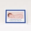 A birth announcement card called "Big Blue". It is an A6 card in a landscape orientation. It is a photographic birth announcement card with room for 1 photo. "Big Blue" is available as a flat card, with tones of blue and white.