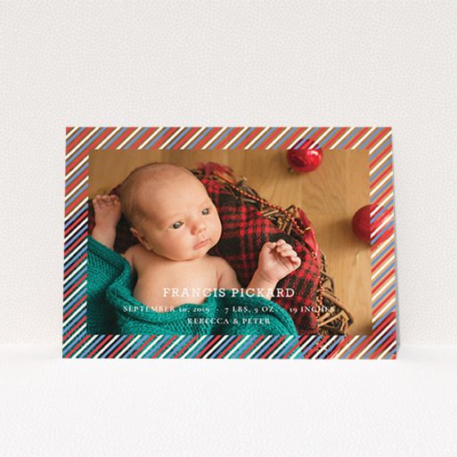 Birth Announcement Card Design - "Blue, Red and White Slant" A birth announcement card design titled "Blue, Red and White Slant". It is an A6 card in a landscape orientation. It is a photographic birth announcement card with room for 1 photo. "Blue, Red and White Slant" is available as a flat card, with mainly white colouring.