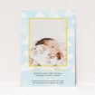 A birth announcement card design titled "Blue Skies". It is an A5 card in a portrait orientation. It is a photographic birth announcement card with room for 1 photo. "Blue Skies" is available as a flat card, with tones of blue, yellow and white.
