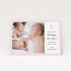 A birth announcement card called "Bottled Up". It is an A6 card in a landscape orientation. It is a photographic birth announcement card with room for 3 photos. "Bottled Up" is available as a flat card, with tones of pink and white.