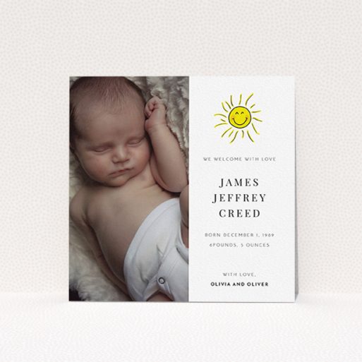 Birth Announcement Card Design - "Bright Sun" A birth announcement card named "Bright Sun". It is a square (148mm x 148mm) card in a square orientation. It is a photographic birth announcement card with room for 1 photo. "Bright Sun" is available as a flat card, with tones of white and yellow.