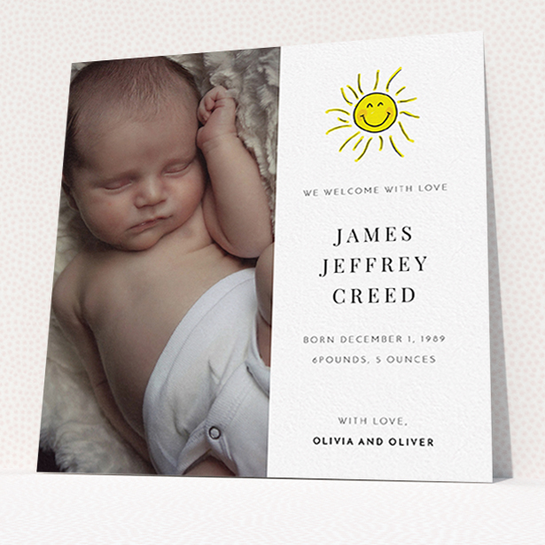 A birth announcement card named "Bright Sun". It is a square (148mm x 148mm) card in a square orientation. It is a photographic birth announcement card with room for 1 photo. "Bright Sun" is available as a flat card, with tones of white and yellow.