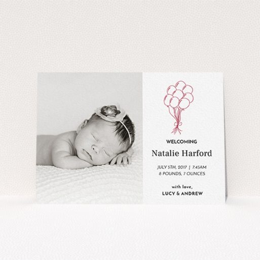 Birth Announcement Card Design - "Celebration" A birth announcement card template titled "Celebration". It is an A6 card in a landscape orientation. It is a photographic birth announcement card with room for 1 photo. "Celebration" is available as a flat card, with tones of white and red.