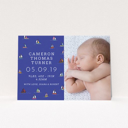 Birth Announcement Card Design - "Cowes Week" A birth announcement card called "Cowes Week". It is an A5 card in a landscape orientation. It is a photographic birth announcement card with room for 1 photo. "Cowes Week" is available as a flat card, with mainly blue colouring.