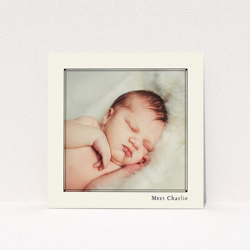 Birth Announcement Card Design - "Deco Cream Frame" A birth announcement card design named "Deco Cream Frame". It is a square (148mm x 148mm) card in a square orientation. It is a photographic birth announcement card with room for 1 photo. "Deco Cream Frame" is available as a flat card, with mainly cream colouring.