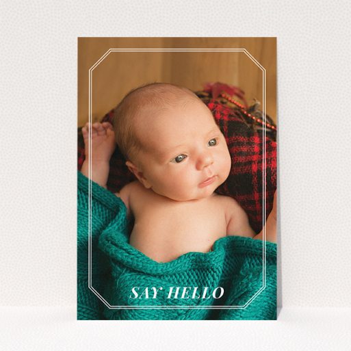 Birth Announcement Card Design - "Etched Step Frame" A birth announcement card design called "Etched Step Frame". It is an A5 card in a portrait orientation. It is a photographic birth announcement card with room for 1 photo. "Etched Step Frame" is available as a flat card, with mainly white colouring.